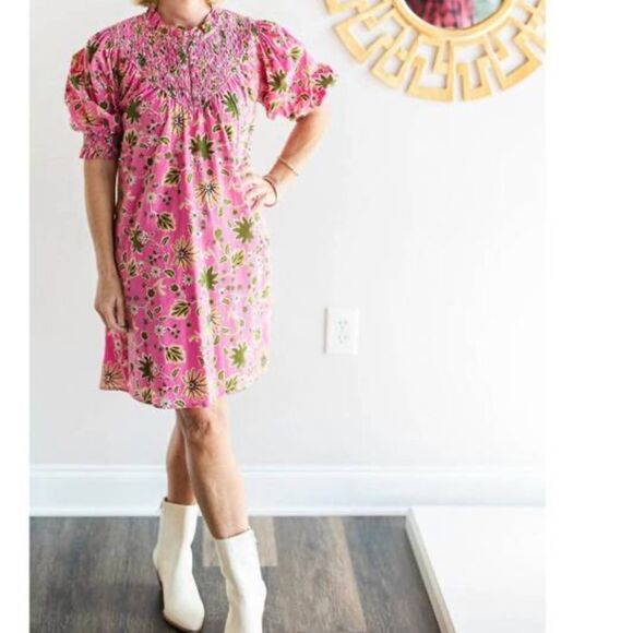 Olivia James Floral Pink Dress w smocking and buttons at neckline-size M- EUC - Picture 3 of 12